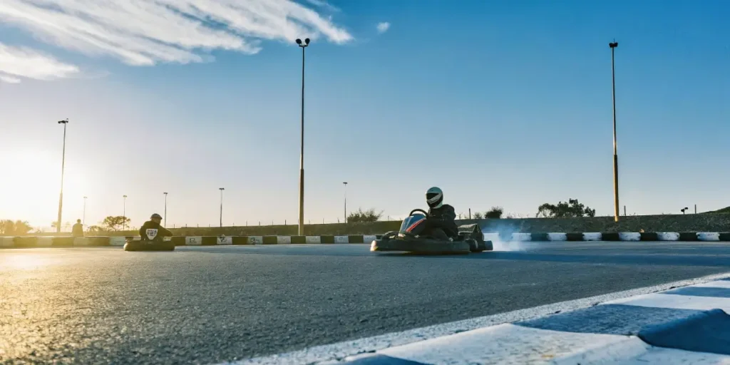 go-kart drifting on a racetrack at dusk with driver wearing helmet