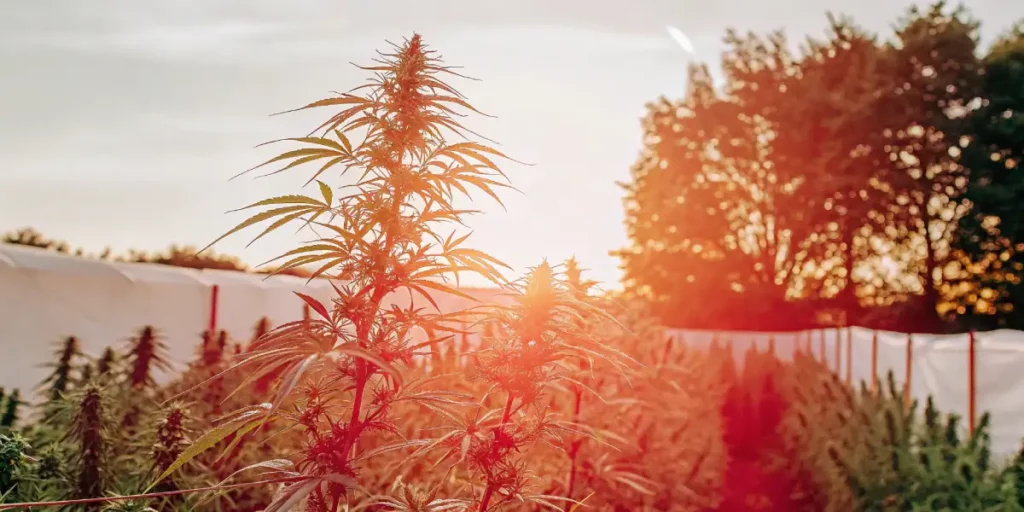 Gorilla Glue cannabis plant growing outdoors at sunset