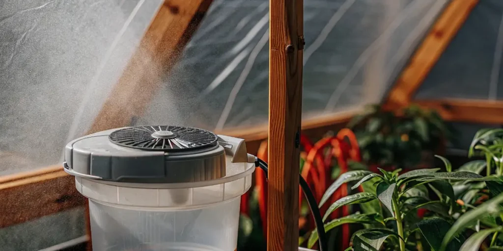 Plastic bucket humidifier with mist release inside a cannabis greenhouse among vibrant plants