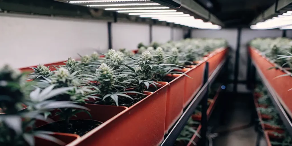 Indoor rows of cannabis plants in red pots growing under LED panels.