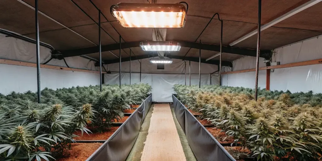 Indoor cannabis grow room with rows of mature plants under strong LED lighting.