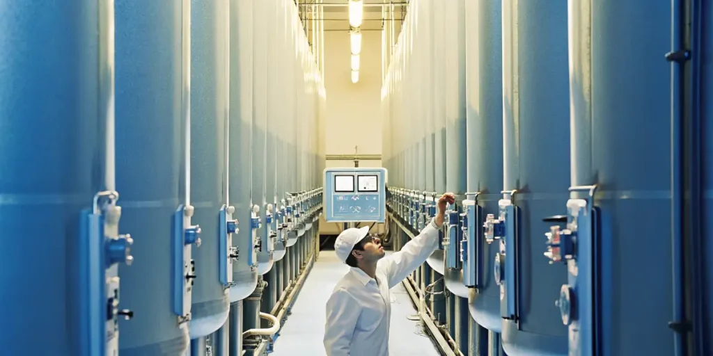 wide view of industrial cannabis processing facility with technician