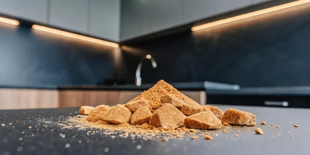 Golden kief crystals and chunks scattered on a smooth black surface.
