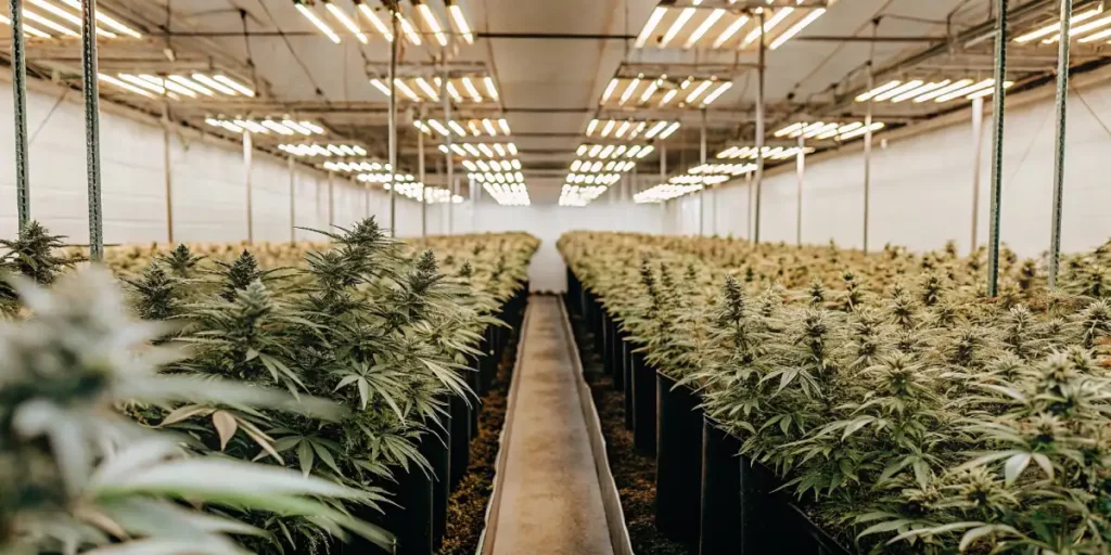 Indoor grow room filled with flowering cannabis plants under bright LED lights.