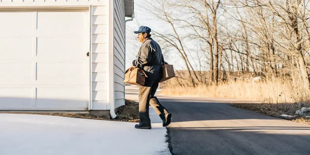 Mail carrier delivering a cannabis package to a residential house during daytime