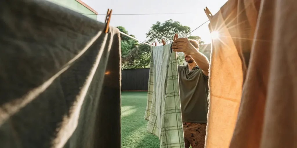 man hanging a green checkered cloth on a backyard clothesline in the late afternoon sun