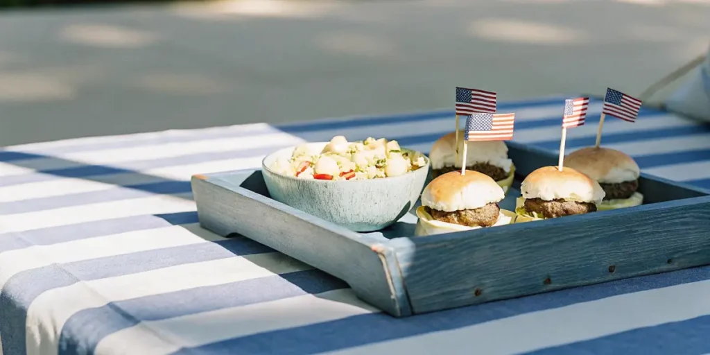 Mini burgers with American flags served on a rustic wooden tray for a summer picnic