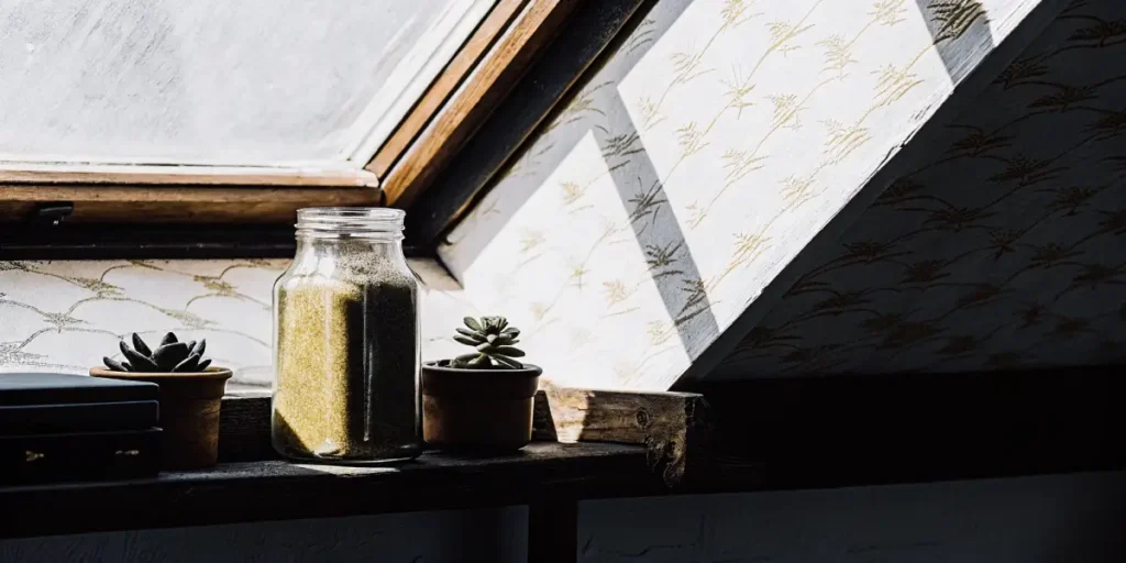 Open glass jar of kief placed on a rustic wooden shelf by window.