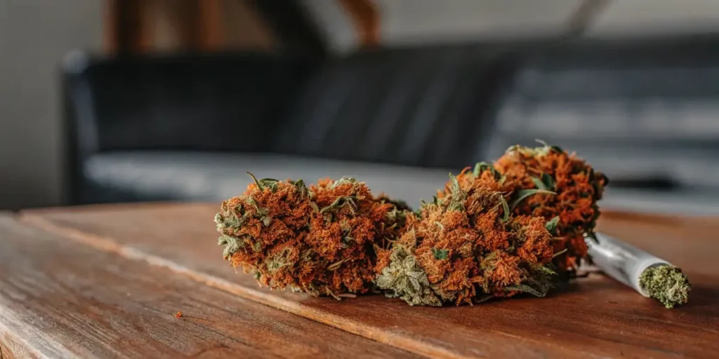 Close-up of orange-colored cannabis buds resting on a wooden table beside a joint.