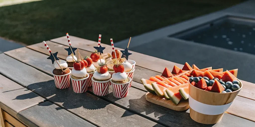 Patriotic cupcakes with watermelon slices and blueberries on an outdoor picnic table