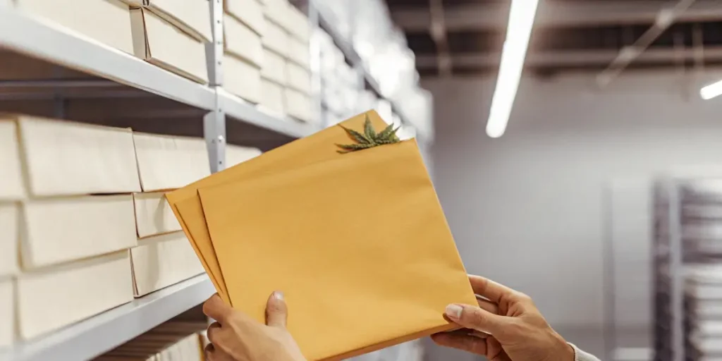 Postal worker holding cannabis envelopes inside a warehouse storage area