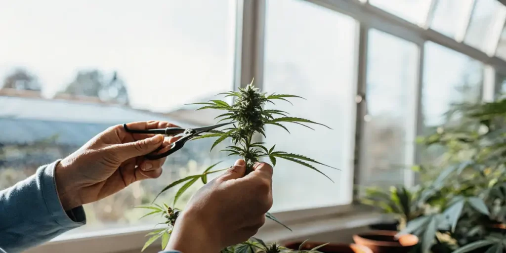 Hands pruning a cannabis plant with scissors inside a bright indoor grow space.