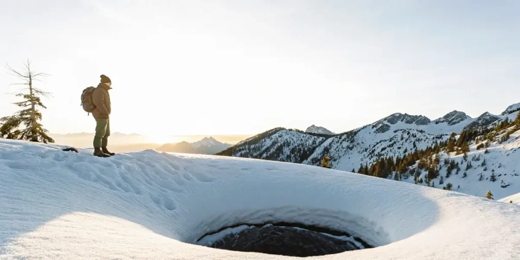 Large hole in snow on a mountain slope with a lone hiker standing nearby at sunrise