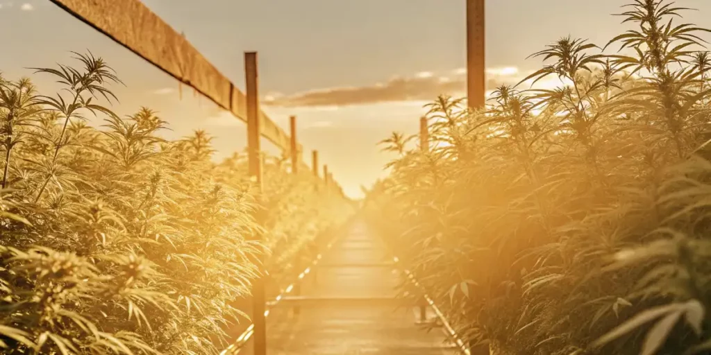 A cannabis cultivation field bathed in golden sunlight during late afternoon, with rows of tall plants.