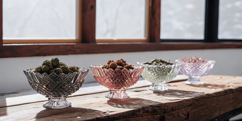 a collection of intricately designed crystal bowls filled with cannabis buds and other items on a rustic wooden table by a window