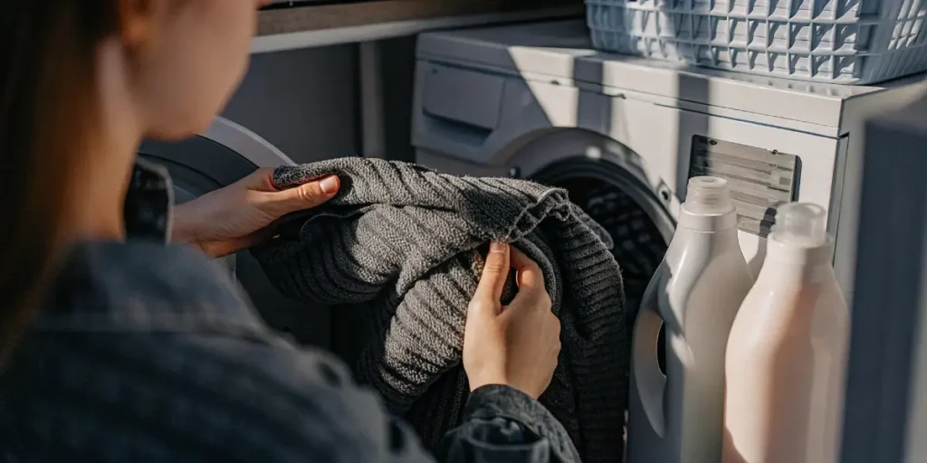 young woman handling a grey knitted sweater in a modern laundry room