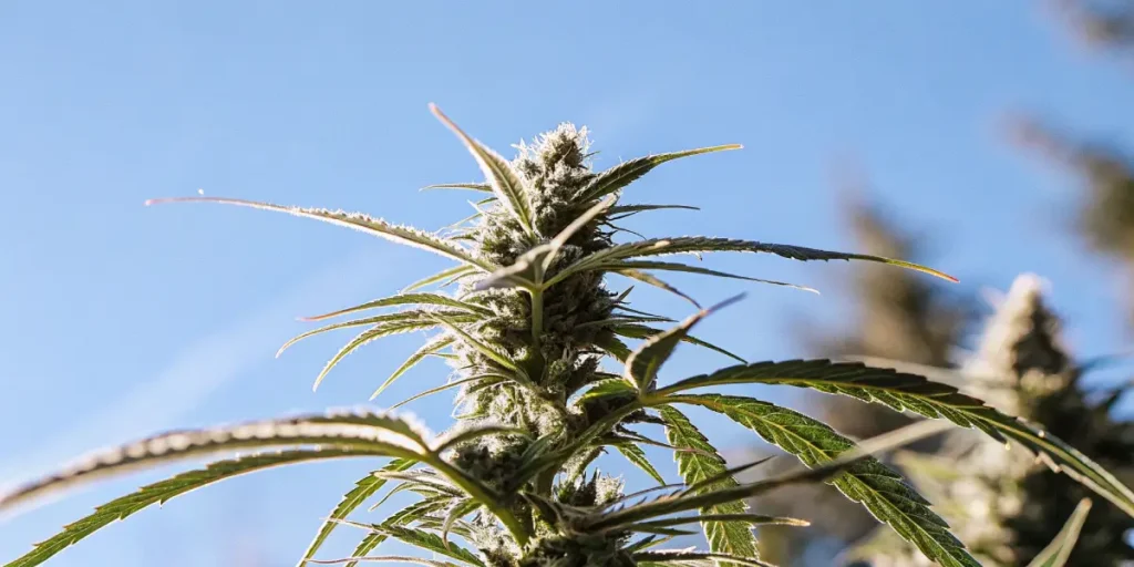Macro shot of a frosty autoflower cannabis bud with a clear blue sky background.