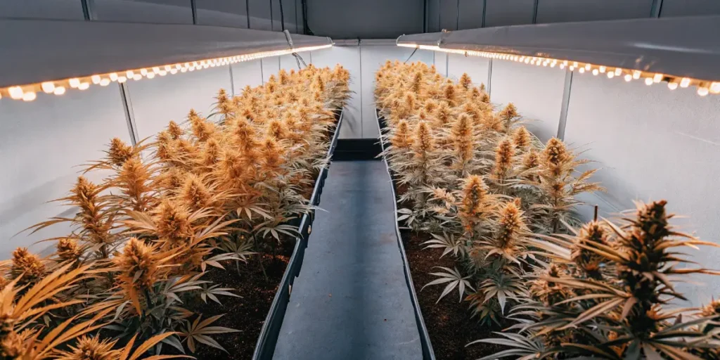 Top-down view of an autoflower cannabis garden with rows of golden-hued plants under LED lights.