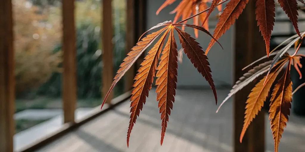 Close-up of cannabis leaves with prominent red-orange hues, drying on a branch, illuminated by sunlight.