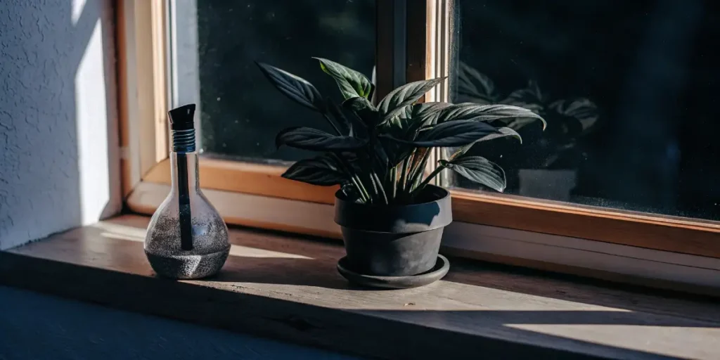 Dark green houseplant in a black pot on a sunlit wooden windowsill next to a glass mister.