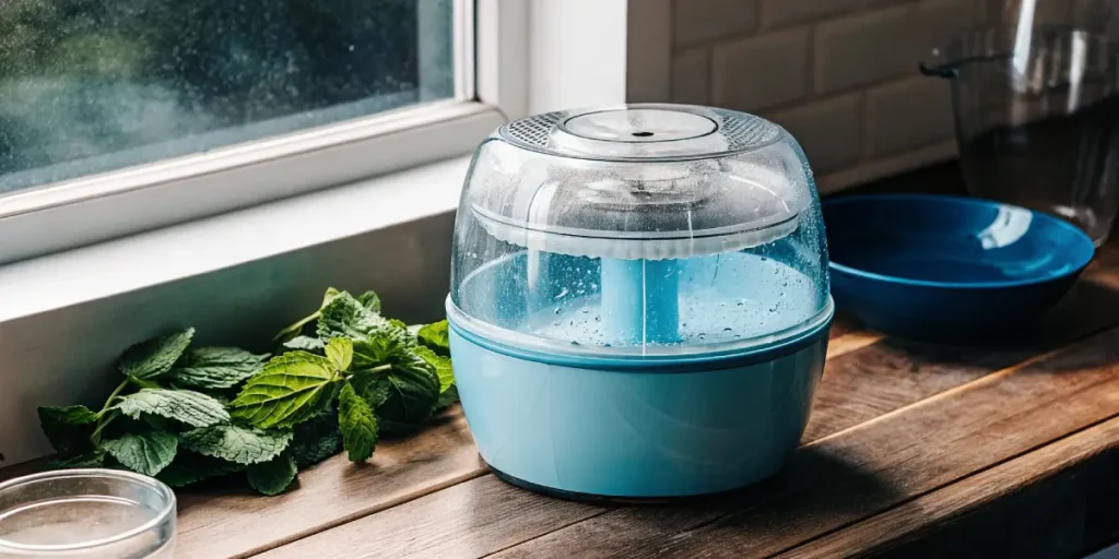 Close-up of a light blue humidifier with visible mist, on a wooden windowsill next to fresh mint.