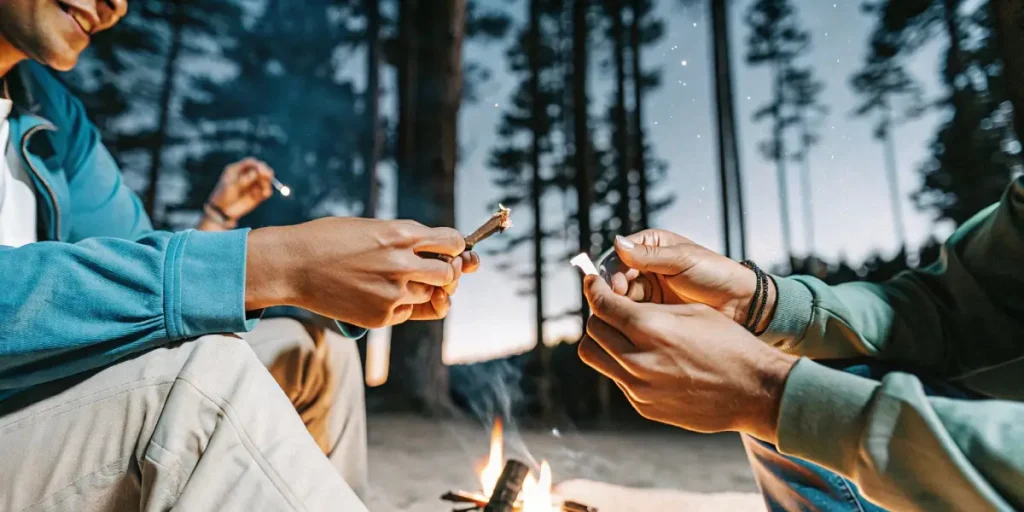 Hands lighting a rolled cigarette at a dark campfire, with trees in the background