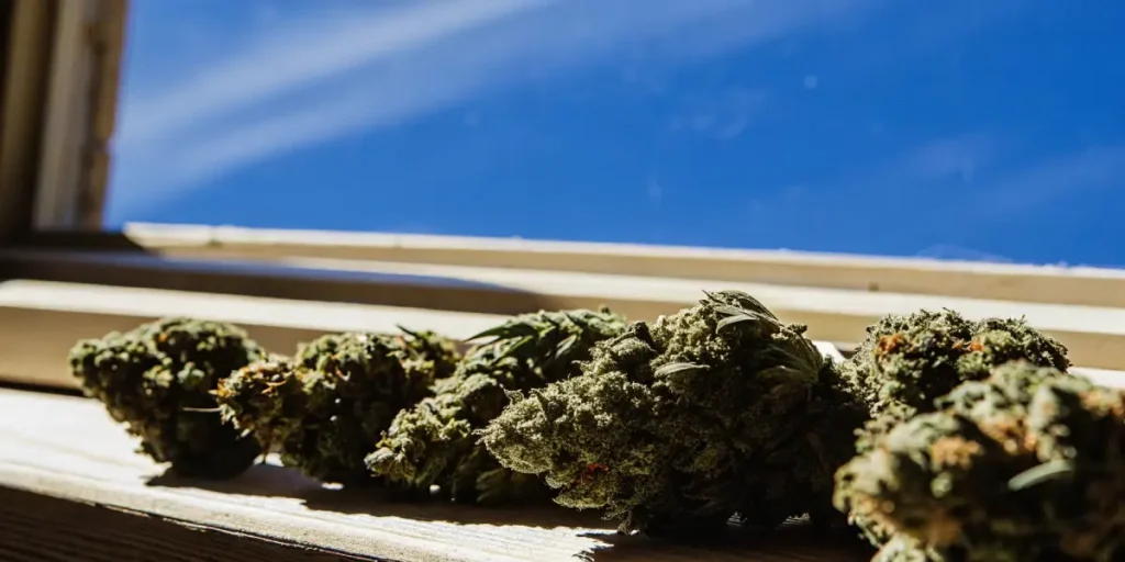 Close-up of freshly harvested cannabis buds lined on a wooden windowsill under a bright blue sky.