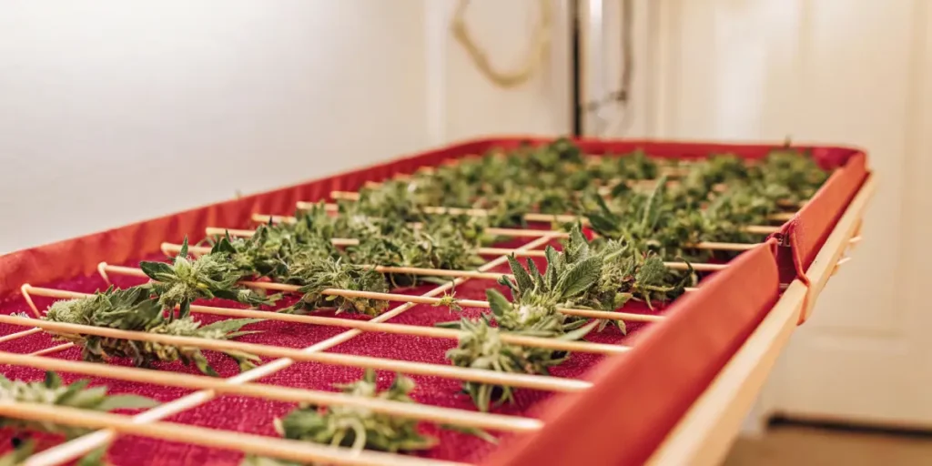 High-resolution photograph of harvested cannabis buds drying on a red rack with wooden rods.