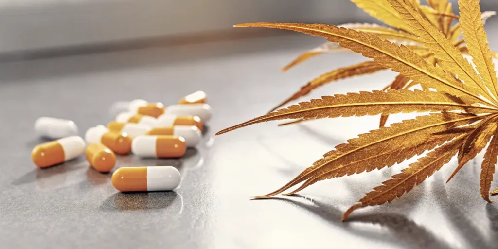 Golden-orange cannabis leaf next to a pile of orange and white capsules on a grey surface.