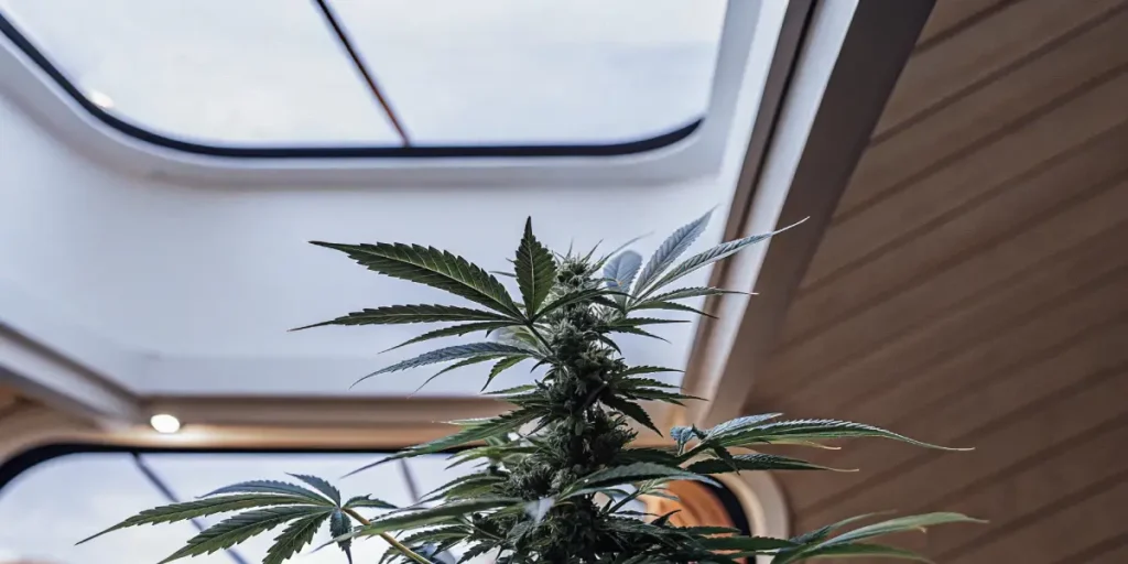 Lush cannabis plant with green leaves in a modern living room with wood paneled walls and a grey sofa.
