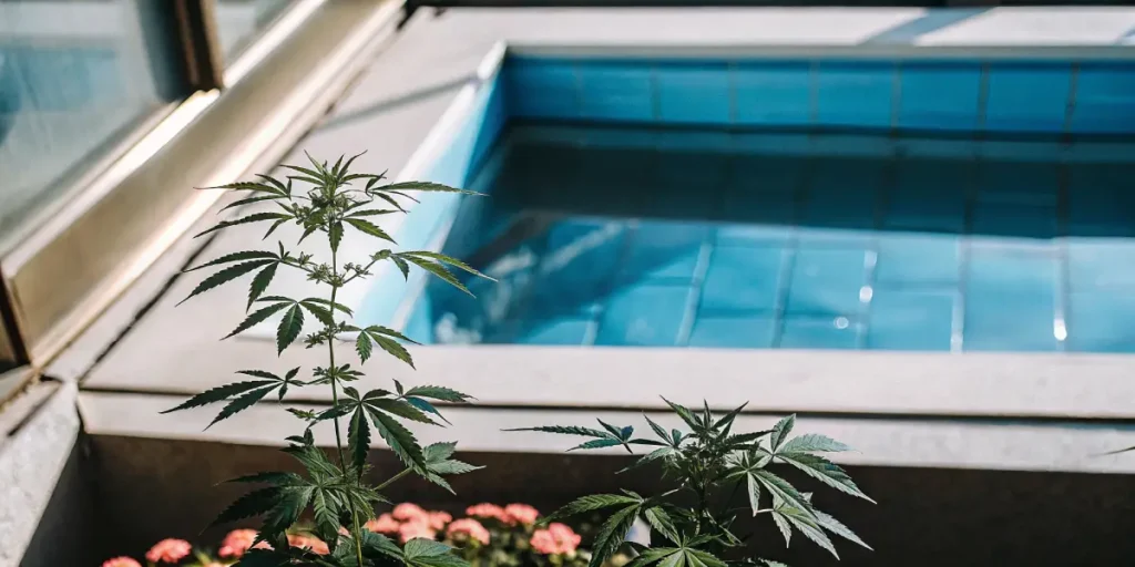 Two cannabis plants with visible buds under bright grow lights with a wooden frame.