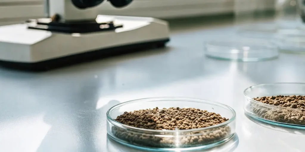 Long rows of glass jars filled with light-yellow, granular material on metal shelving in a sterile storage room.