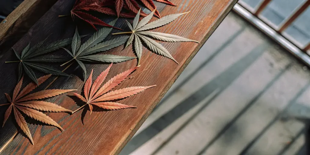 Overhead shot: spread of cannabis leaves in various colors (green, red) on a wooden surface, sunlit.