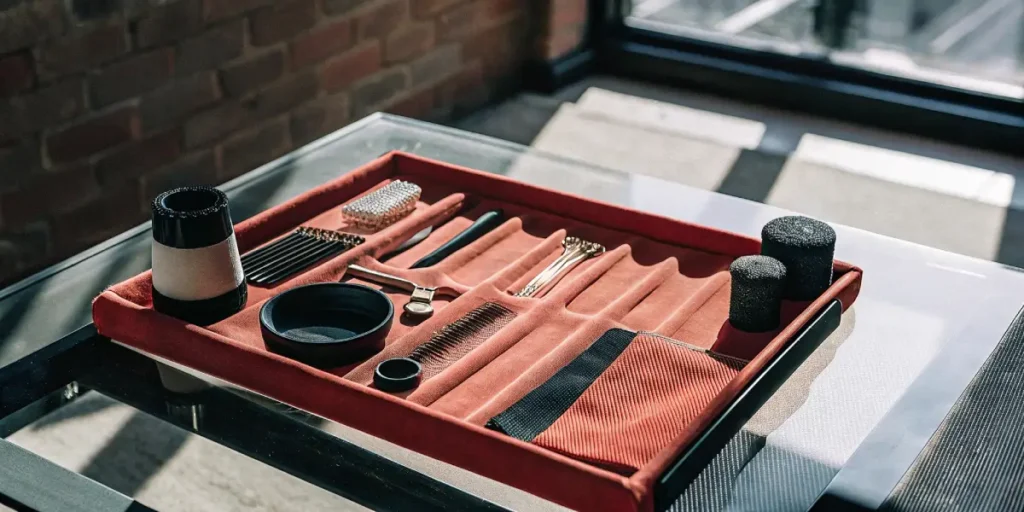 Top-down view of an organized red tray with an assortment of dab tools and accessories on a glass table.