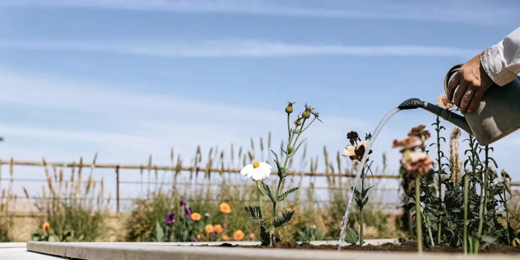 Hand watering a white flower in a raised garden bed under a blue sky.