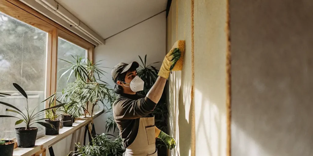 Gardener in mask and gloves scrubbing a wall with a yellow sponge in a bright room with plants.
