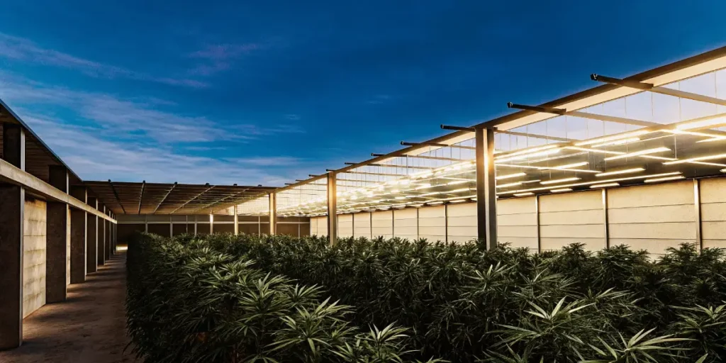 Aerial view of a sprawling cannabis greenhouse at dusk, illuminated by internal grow lights.