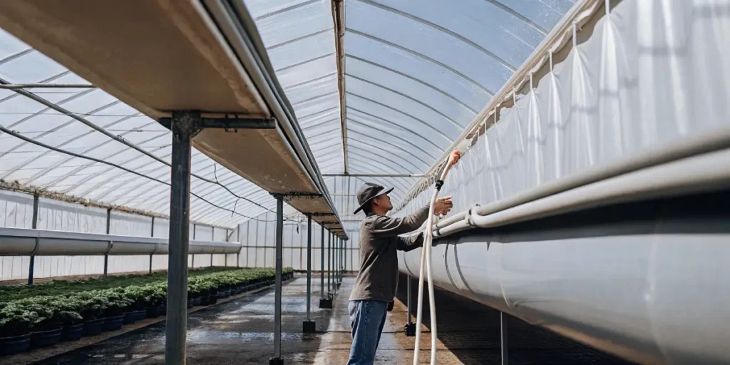 Person in a blue cap watering plants in long, organized rows within a sunlit greenhouse.