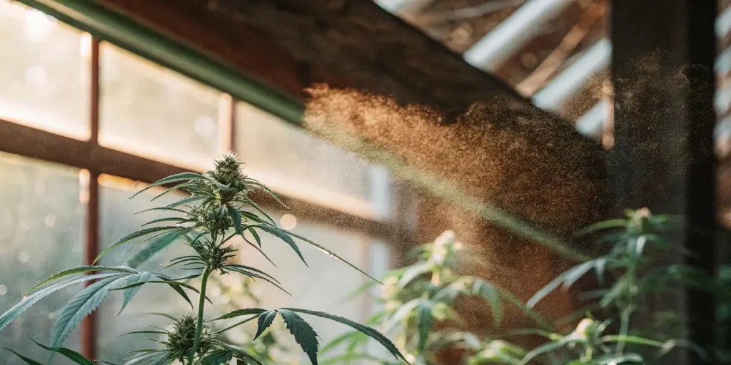 Close-up of a cannabis plant with male flowers, surrounded by a mist, under sunlit greenhouse beams.