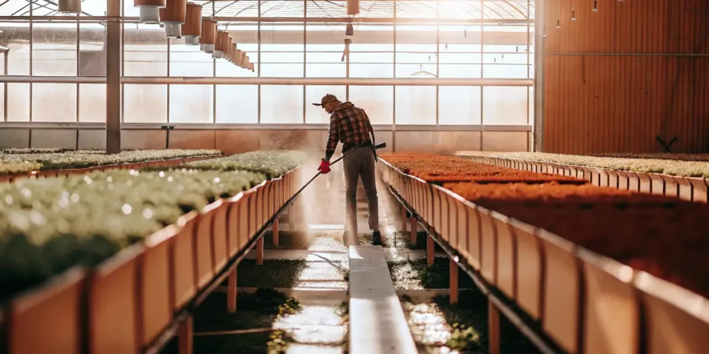 Person in plaid shirt and cap watering rows of plants in a sunny commercial greenhouse.