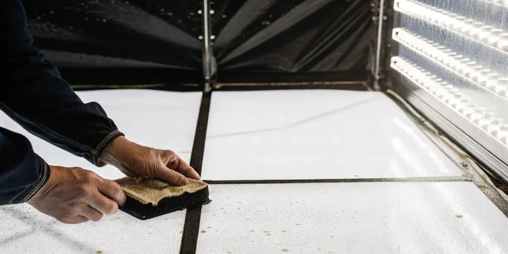 Hands meticulously scrubbing a white, foamy floor surface inside a grow room under LED lights.