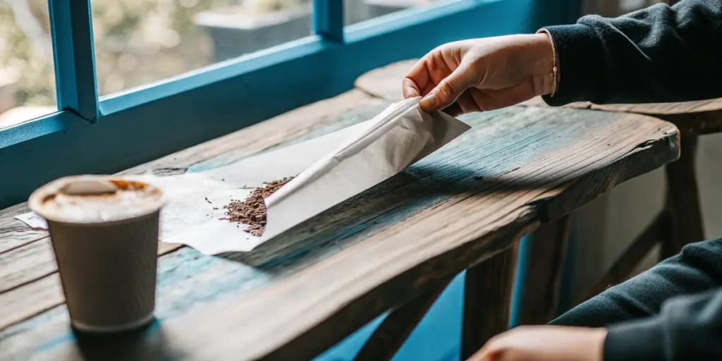 Hand delicately rolling a paper with small brown pieces on a rustic wooden table by a blue window, next to a coffee cup.