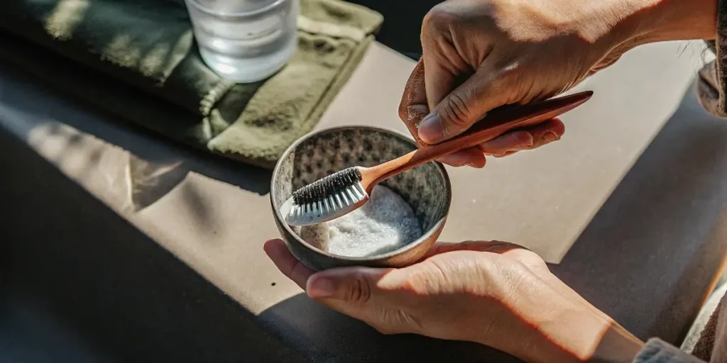 Hands using a wooden-handled brush to gently scrub a white substance in a small bowl.