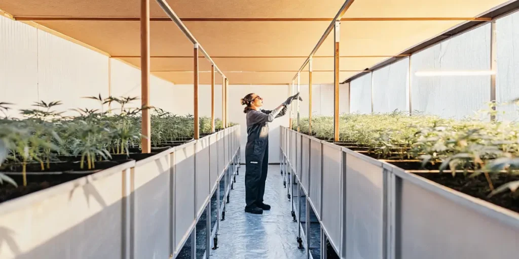 Cultivator in overalls and gloves tending to rows of young cannabis plants in a neat indoor garden room.