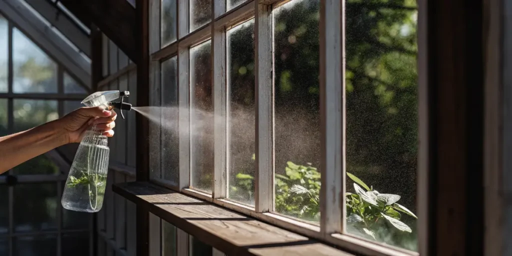 Hand spraying water from a bottle towards plants outside a wooden-framed greenhouse window.