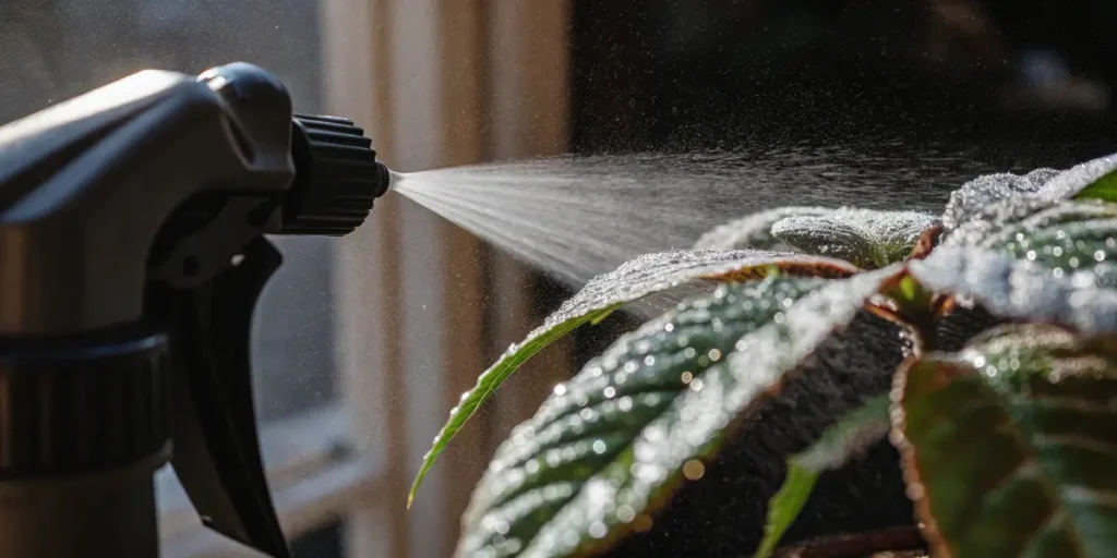 Close-up of a spray bottle misting water onto the broad, dark green leaves of a plant, visible water droplets.