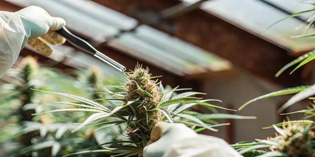 Gloved hands carefully collecting pollen from a cannabis plant using tweezers in a greenhouse.