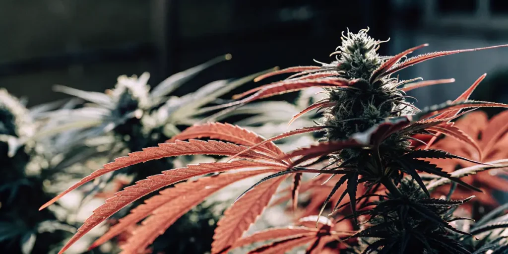 Macro shot of a cannabis plant with a dense bud and prominent reddish-orange leaves, likely in an outdoor garden.