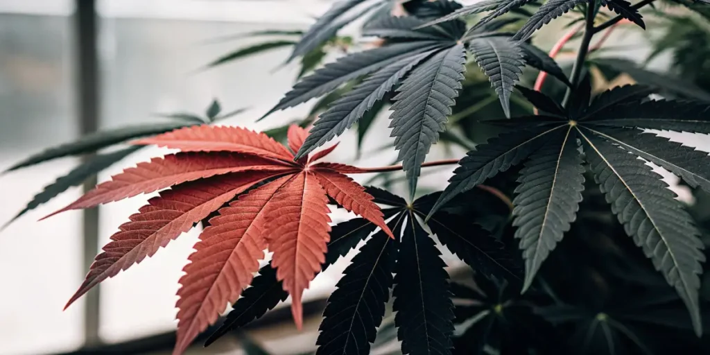 Close-up of cannabis leaves, one vibrant red-orange and others dark green, in a greenhouse.