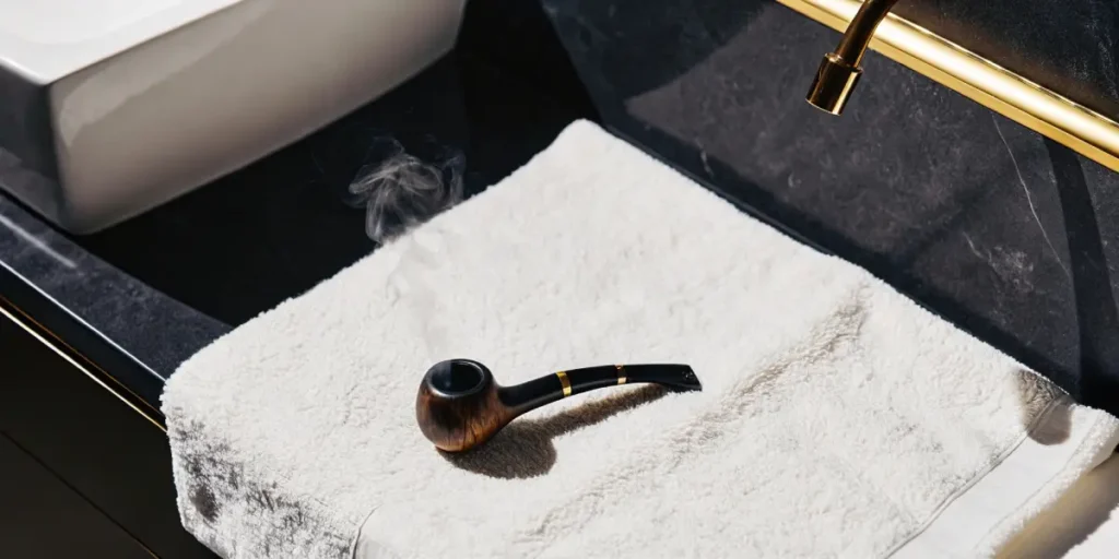 This close-up shot shows a well-worn, dark wooden smoking pipe partially submerged in a clear glass bowl containing liquid. The bowl is positioned on a sunlit wooden windowsill, with a frosted or obscured window in the background, suggesting a peaceful indoor setting where the pipe is being cleaned or maintained.